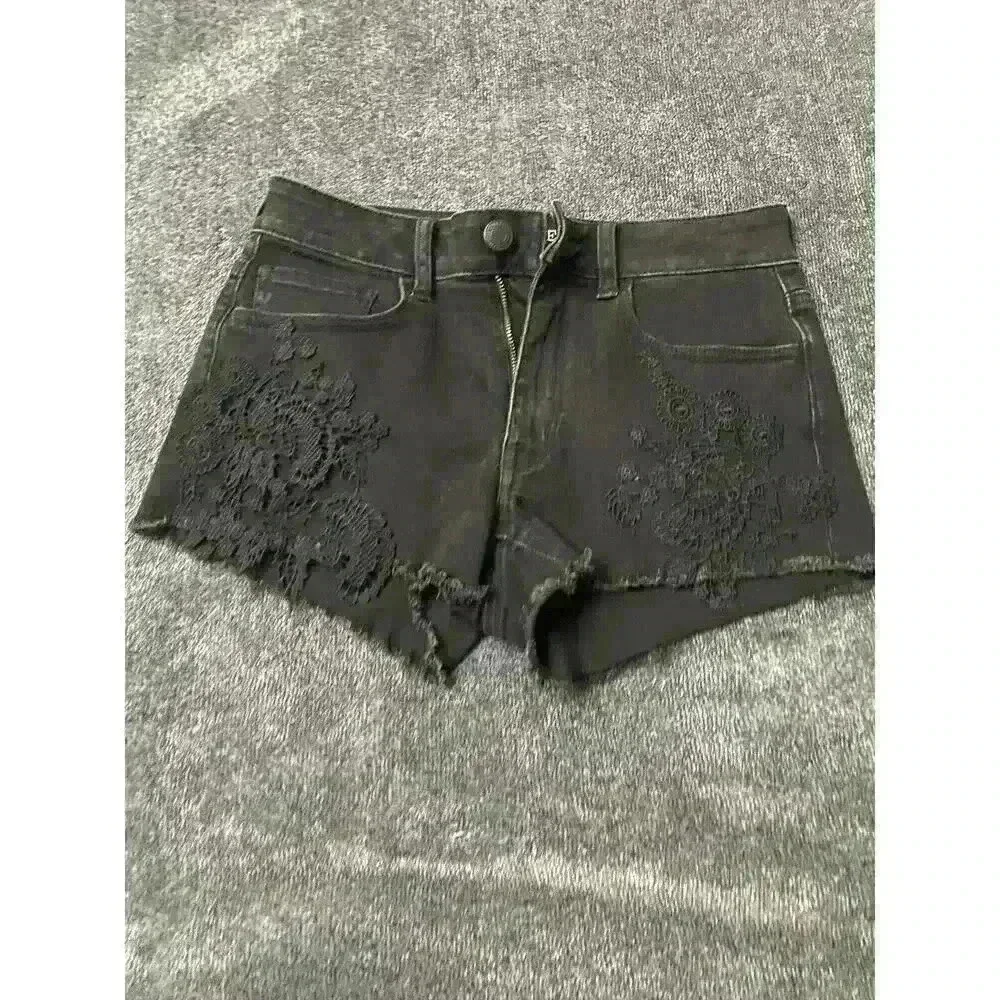 American Eagle Hi Rise Shortie Denim Shorts Womens Size 6 Black Crochet lace